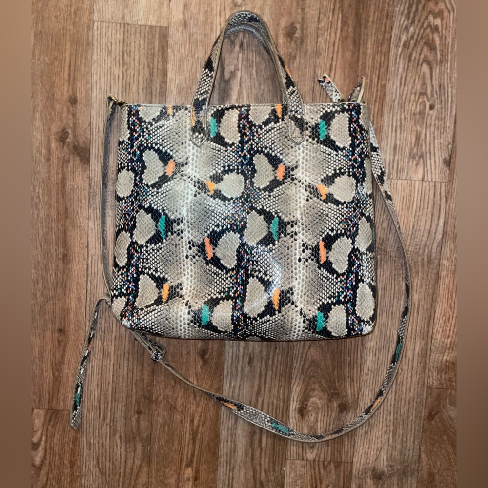 Madewell Faux-Snakeskin Tote in Neutral with Teal & Orange Accents